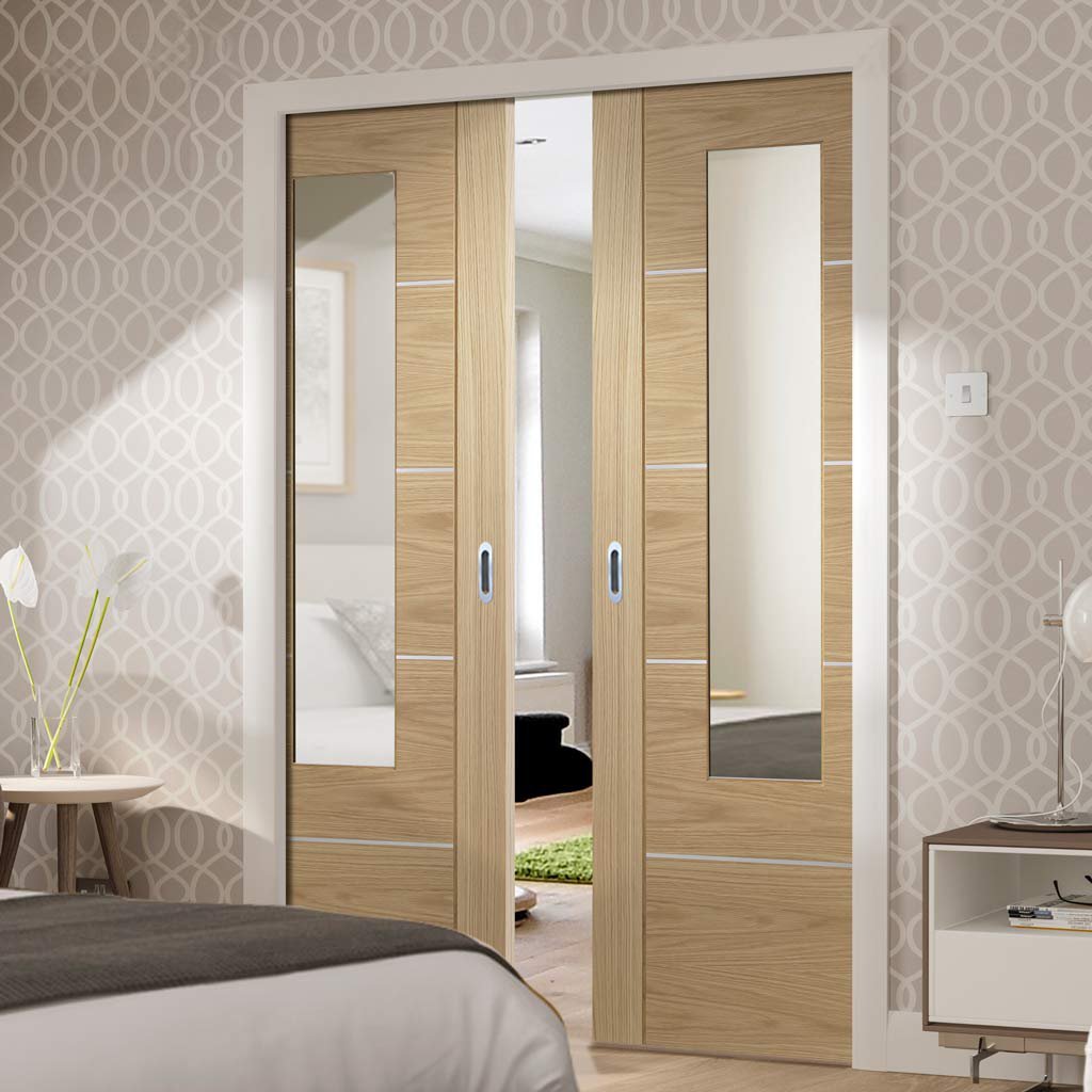 Portici Oak Double Evokit Pocket Doors - Mirror One Side - Prefinished