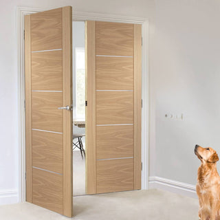 Image: Bespoke Portici Oak Flush Door Pair - Aluminium Inlay - Prefinished