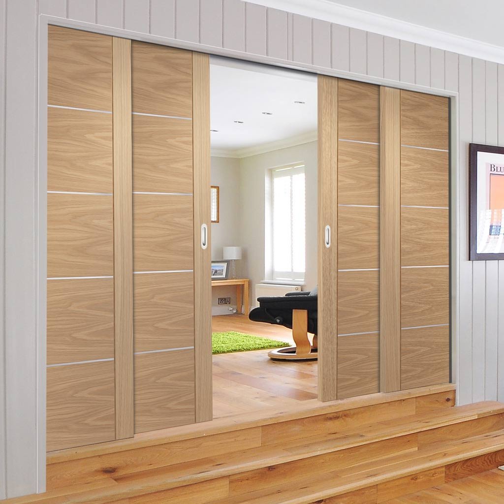Portici Oak Veneer Staffetta Quad Telescopic Pocket Doors - Aluminium Inlay - Prefinished