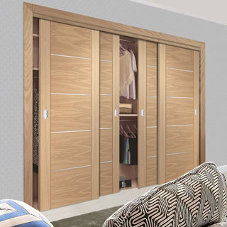 Image: Four Sliding Wardrobe Doors & Frame Kit - Portici Oak Flush Door - Aluminium Inlay - Prefinished