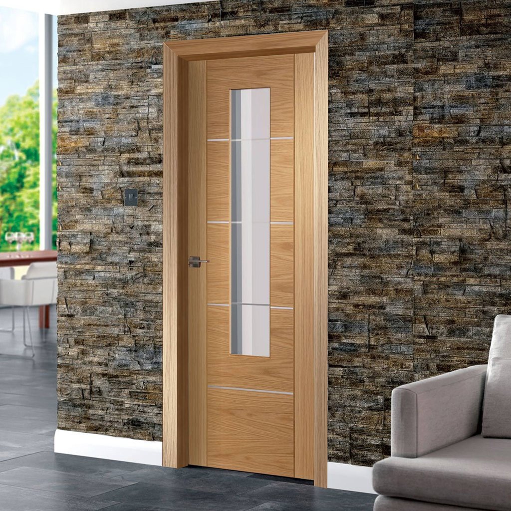Door and Frame Kit - Portici Oak Flush Door - Aluminium Inlay - Clear Glass - Prefinished