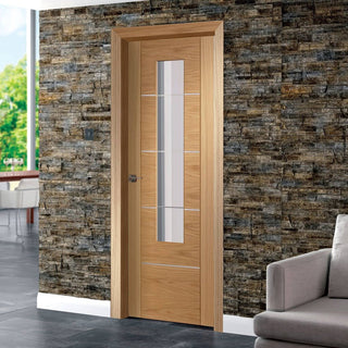 Image: Door and Frame Kit - Portici Oak Flush Door - Aluminium Inlay - Clear Glass - Prefinished