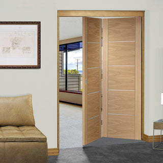 Image: Two Folding Doors & Frame Kit - Portici Oak Flush 2+0 - Aluminium Inlay - Prefinished