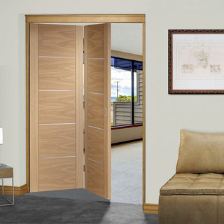 Image: Bespoke Thrufold Portici Oak Flush Folding 2+0 Door - Aluminium Inlay - Prefinished