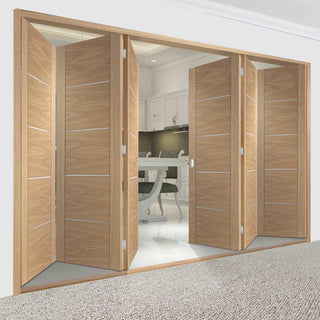 Image: Six Folding Doors & Frame Kit - Portici Oak Flush 3+3 - Aluminium Inlay - Prefinished