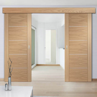 Image: Bespoke Thruslide Surface Portici Oak Flush - Sliding Double Door and Track Kit - Aluminium Inlay - Prefinished