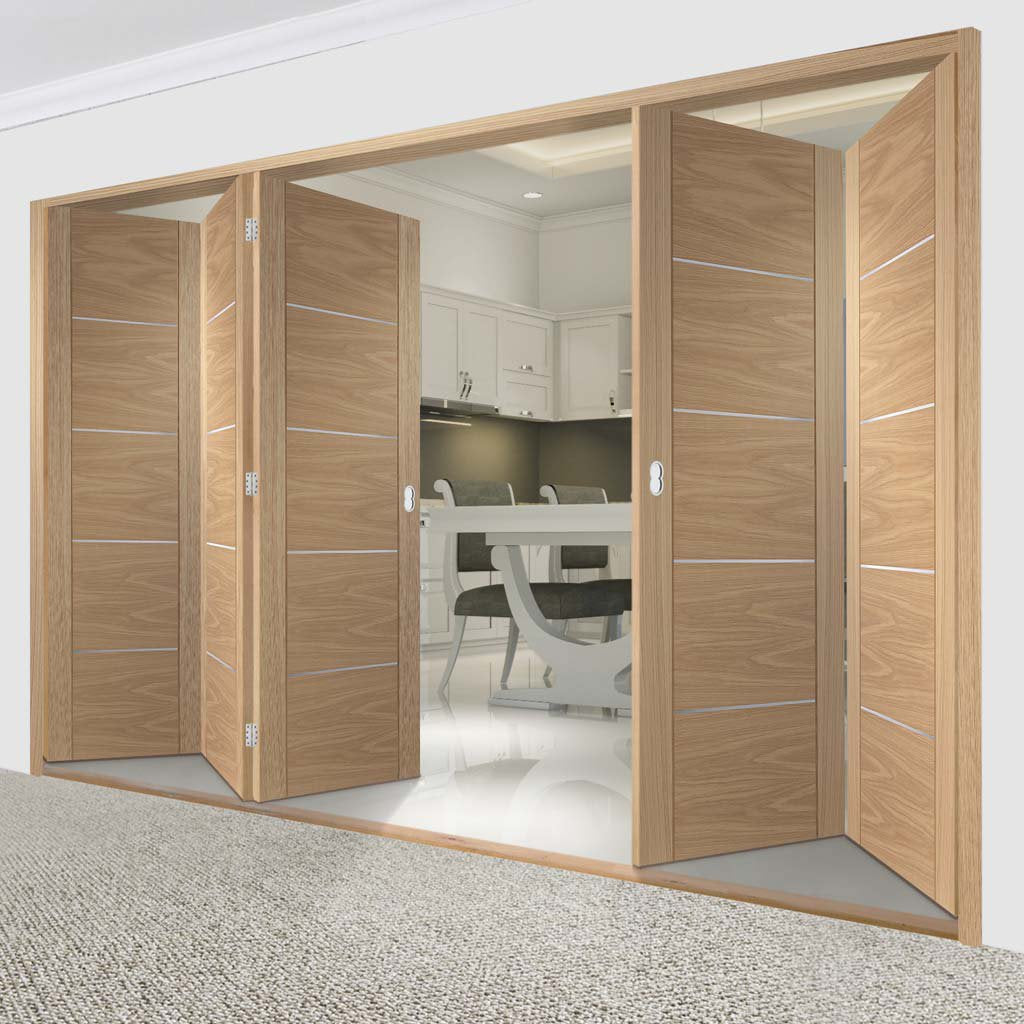 Bespoke Thrufold Portici Oak Flush Folding 3+2 Door - Aluminium Inlay - Prefinished