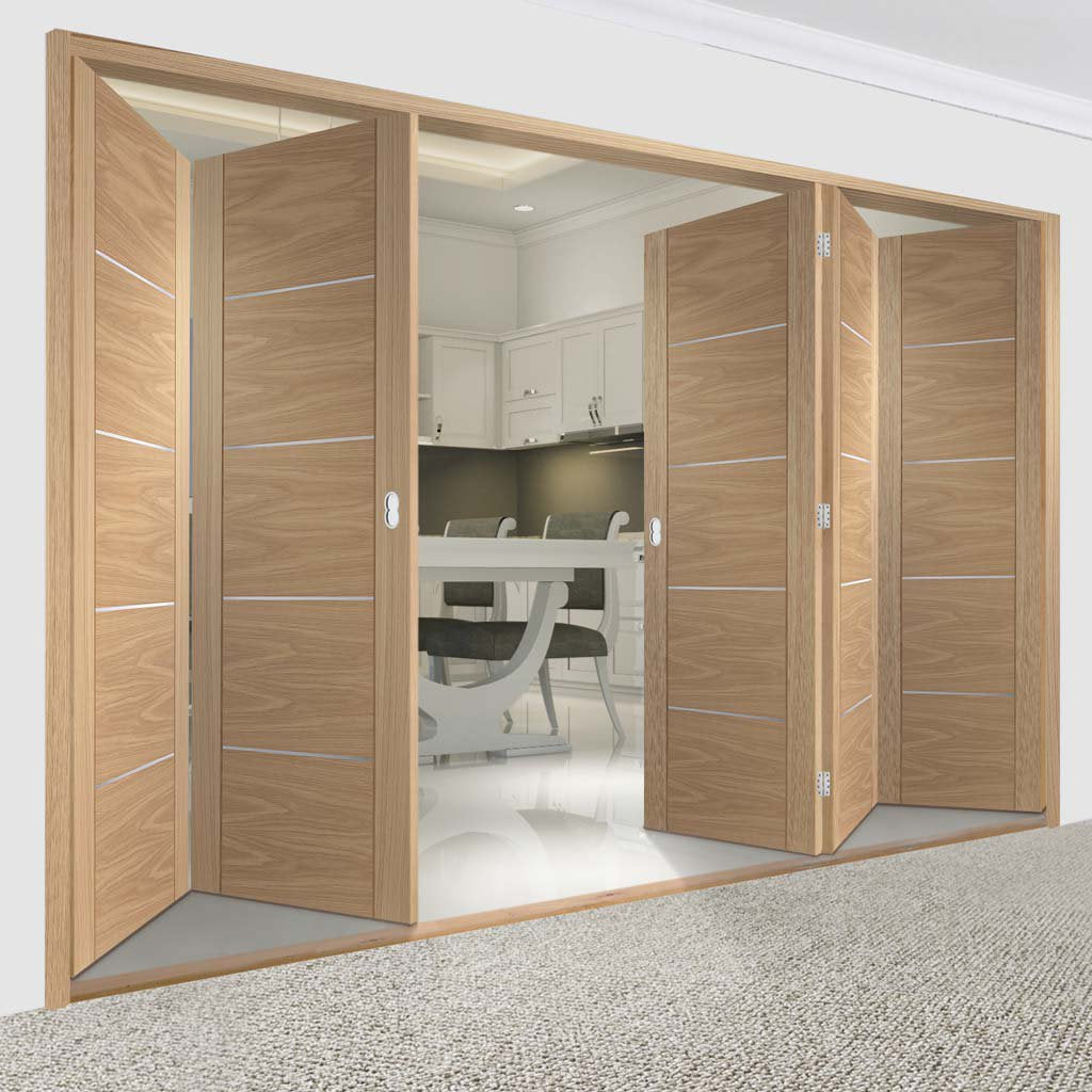 Five Folding Doors & Frame Kit - Portici Oak Flush 3+2 - Aluminium Inlay - Prefinished