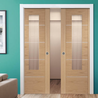 Image: Bespoke Portici Oak Glazed Double Pocket Door - Aluminium Inlay - Prefinished