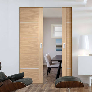Image: Bespoke Portici Oak Flush Double Frameless Pocket Door - Aluminium Inlay - Prefinished