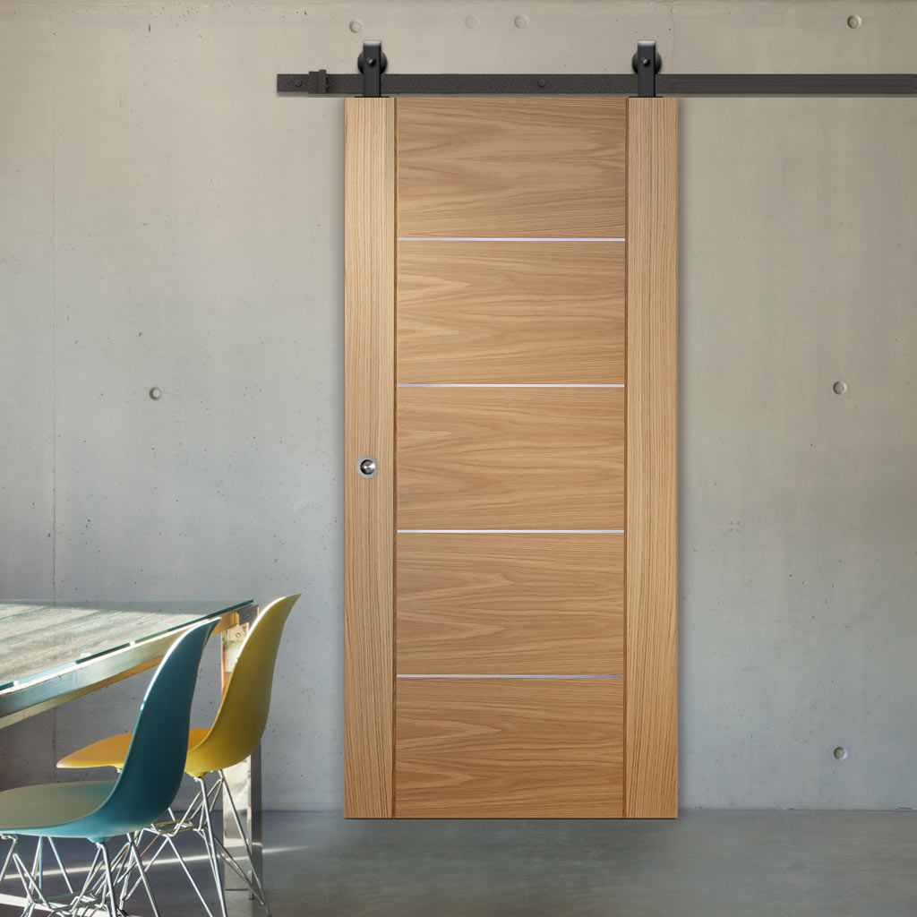 Top Mounted Black Sliding Track & Door - Portici Oak Flush Door - Aluminium Inlay - Prefinished