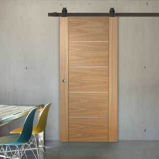 Image: Top Mounted Black Sliding Track & Door - Portici Oak Flush Door - Aluminium Inlay - Prefinished