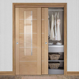 Image: Bespoke Thruslide Portici Oak Glazed 2 Door Wardrobe and Frame Kit - Aluminium Inlay - Prefinished