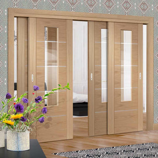 Image: Bespoke Thruslide Portici Oak Glazed - 4 Sliding Doors and Frame Kit - Aluminium Inlay - Prefinished