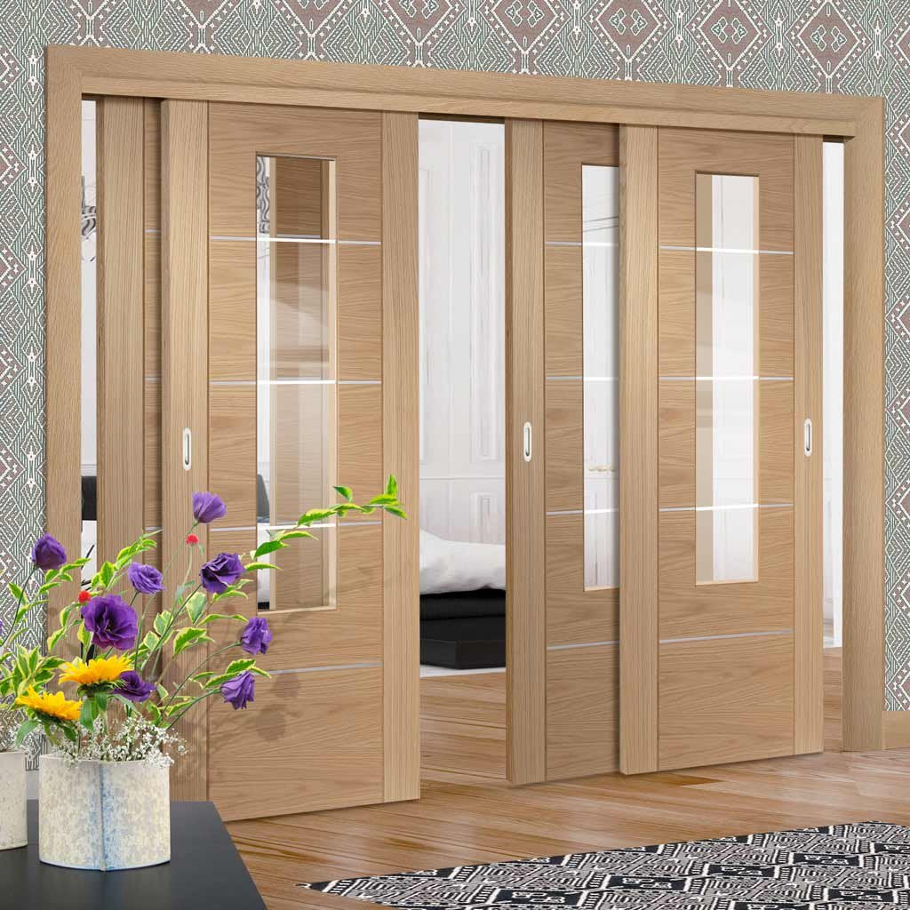 Four Sliding Doors and Frame Kit - Portici Oak Flush Door - Aluminium Inlay & Clear Glass - Prefinished