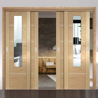 Image: Thruslide Portici Oak Door - Mirror One Side - 4 Doors and Frame Kit - Prefinished