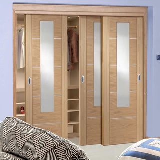 Image: Bespoke Thruslide Portici Oak Glazed 3 Door Wardrobe and Frame Kit - Aluminium Inlay - Prefinished