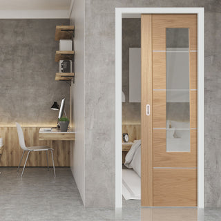 Image: Bespoke Portici Oak Glazed Single Pocket Door - Aluminium Inlay - Prefinished