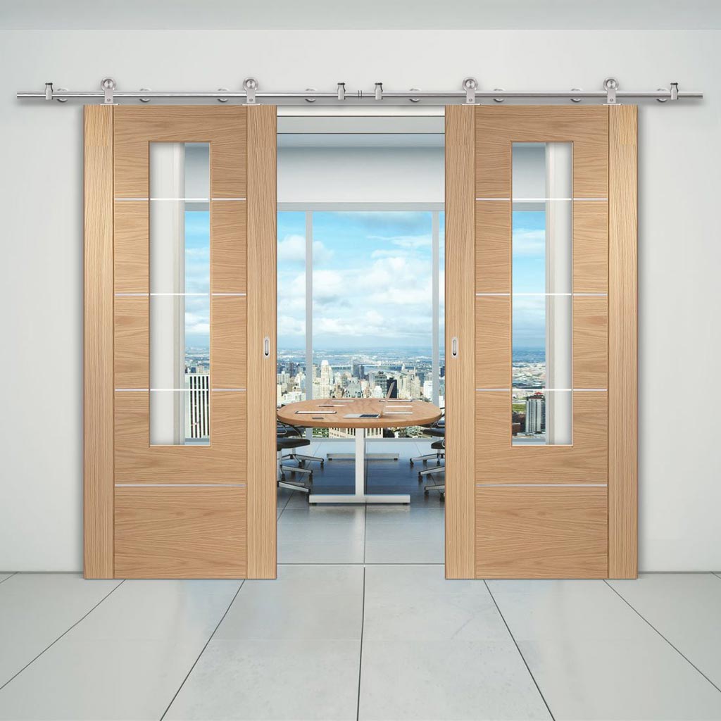 Sirius Tubular Stainless Steel Sliding Track & Portici Oak Flush Double Door - Aluminium Inlay & Clear Glass - Prefinished