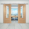 Sirius Tubular Stainless Steel Sliding Track & Portici Oak Flush Double Door - Aluminium Inlay & Clear Glass - Prefinished