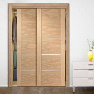 Image: Bespoke Thruslide Portici Oak Flush 2 Door Wardrobe and Frame Kit - Aluminium Inlay - Prefinished