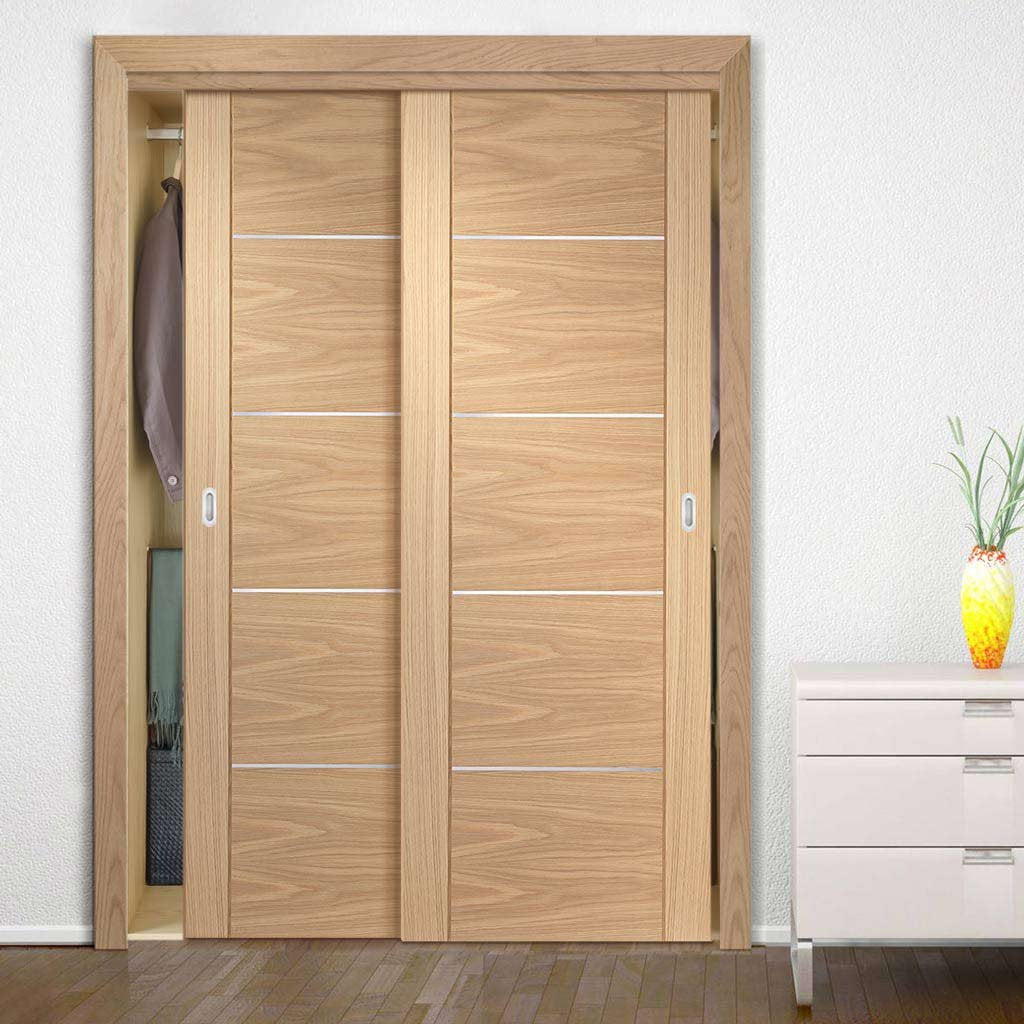Two Sliding Wardrobe Doors & Frame Kit - Portici Oak Flush Door - Aluminium Inlay - Prefinished