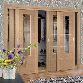 Image: Bespoke Thruslide Portici Oak Glazed 4 Door Wardrobe and Frame Kit - Aluminium Inlay - Prefinished
