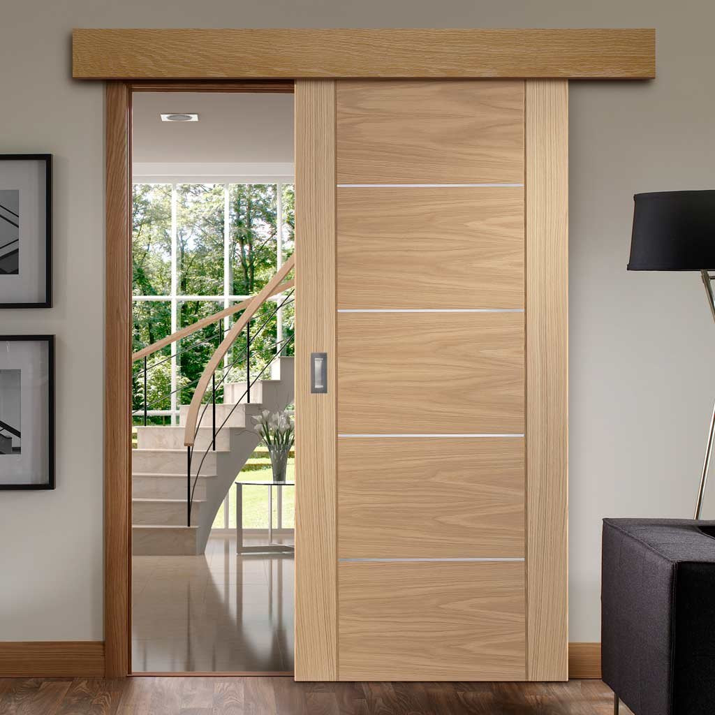 Single Sliding Door & Wall Track - Portici Oak Flush Door - Aluminium Inlay - Prefinished