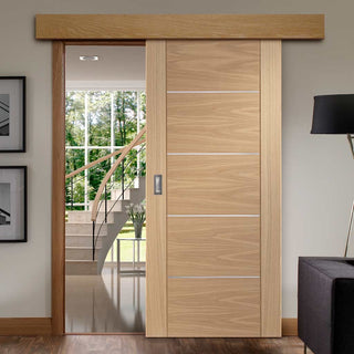Image: Single Sliding Door & Wall Track - Portici Oak Flush Door - Aluminium Inlay - Prefinished