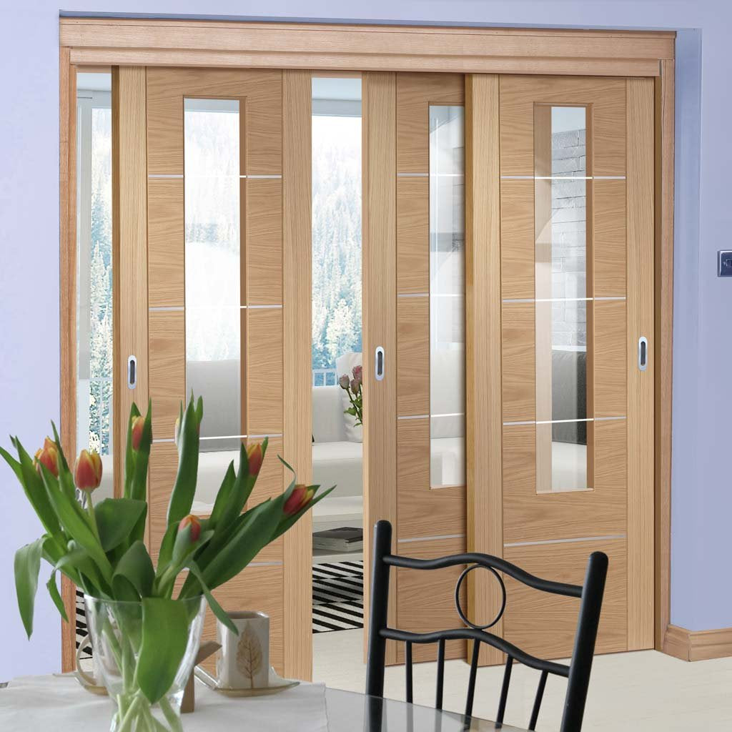 Bespoke Thruslide Portici Oak Glazed - 3 Sliding Doors and Frame Kit - Aluminium Inlay - Prefinished