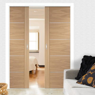 Image: Bespoke Portici Oak Flush Double Pocket Door - Aluminium Inlay - Prefinished