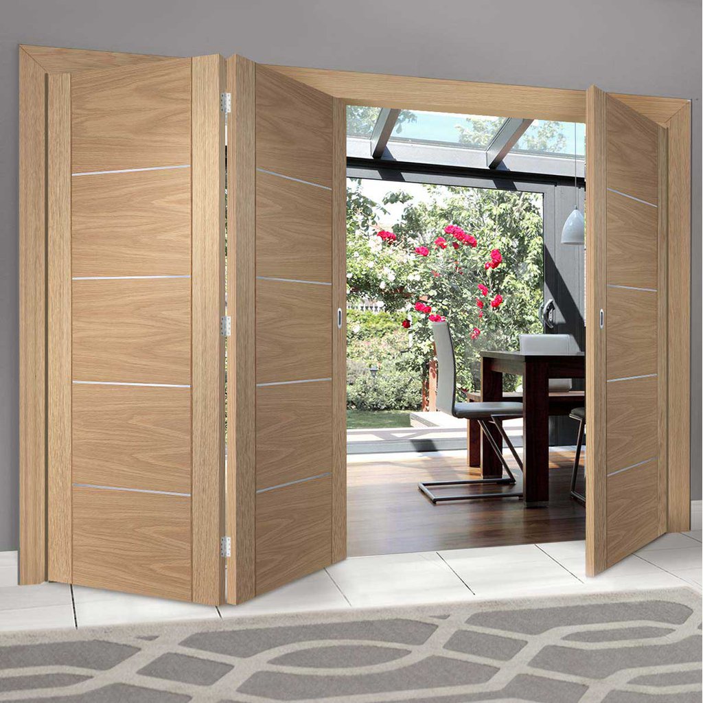 Three Folding Doors & Frame Kit - Portici Oak Flush 2+1 - Aluminium Inlay - Prefinished