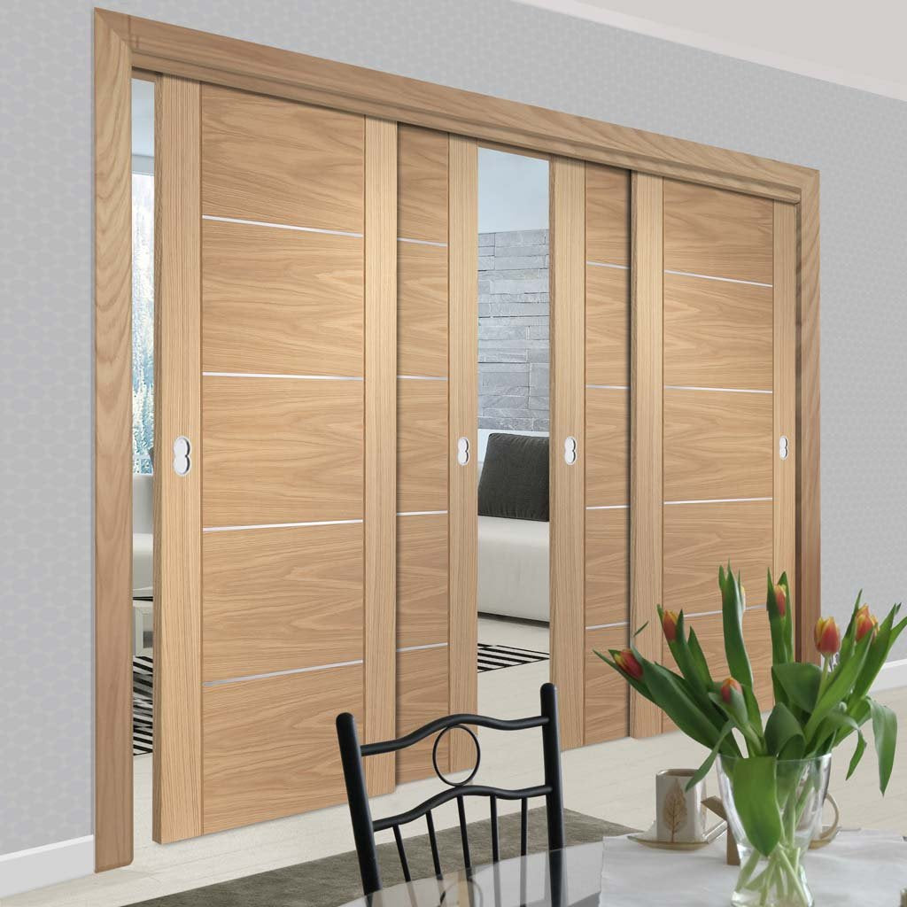 Bespoke Thruslide Portici Oak Flush - 4 Sliding Doors and Frame Kit - Aluminium Inlay - Prefinished