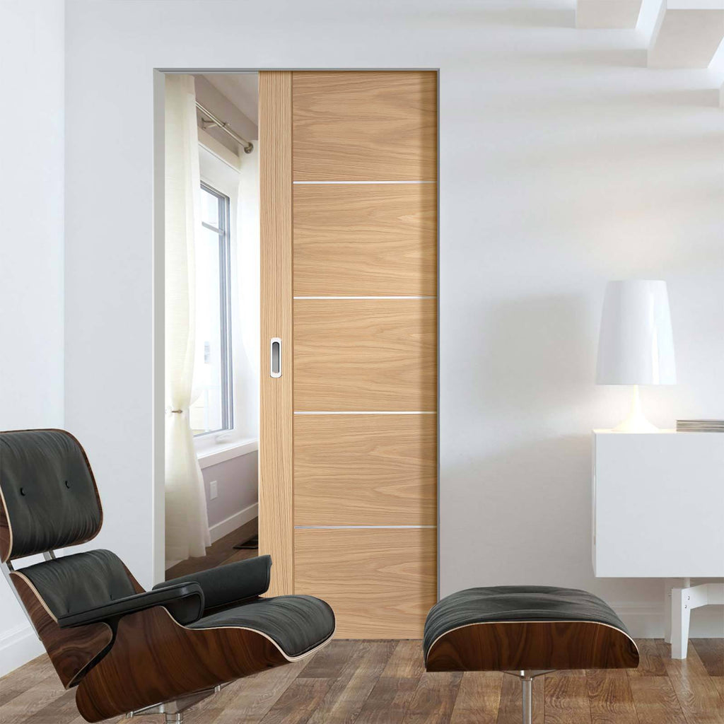 Bespoke Portici Oak Flush Single Frameless Pocket Door - Aluminium Inlay - Prefinished