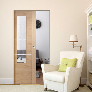 Image: Portici Oak Flush Absolute Evokit Pocket Door - Aluminium Inlay & Clear Glass - Prefinished