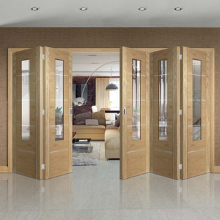 Image: Bespoke Thrufold Portici Oak Glazed Folding 3+2 Door - Aluminium Inlay - Prefinished
