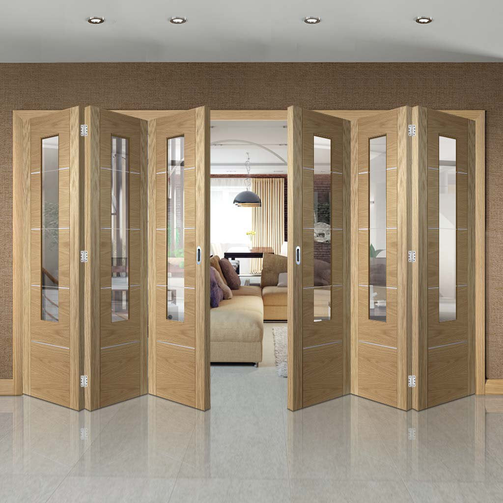Six Folding Doors & Frame Kit - Portici Oak Flush 3+3 - Aluminium Inlay & Clear Glass - Prefinished
