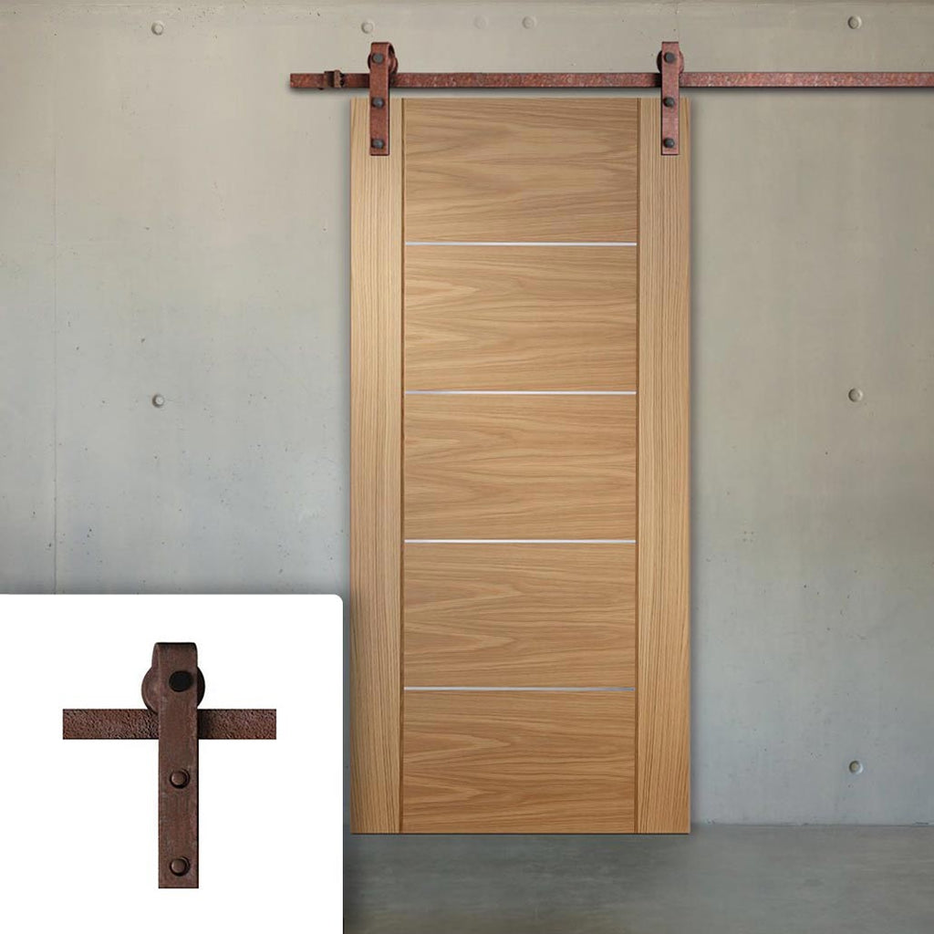 Single Sliding Door & Straight Antique Rust Track - Portici Oak Flush Door - Aluminium Inlay - Prefinished