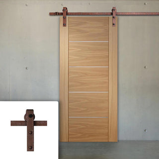Image: Single Sliding Door & Straight Antique Rust Track - Portici Oak Flush Door - Aluminium Inlay - Prefinished