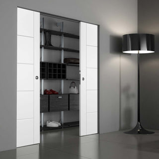 Image: Portici White Flush Absolute Evokit Double Pocket Door - Aluminium Inlay - Prefinished
