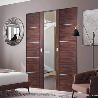 Image: Bespoke Portici Walnut Flush Double Frameless Pocket Door - Aluminium Inlay - Prefinished