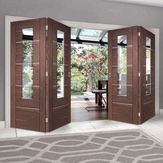 Image: Bespoke Thrufold Portici Walnut Glazed Folding 2+2 Door - Aluminium Inlay - Prefinished