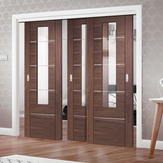 Image: Bespoke Thruslide Portici Walnut Glazed - 3 Sliding Doors and Frame Kit - Aluminium Inlay - Prefinished