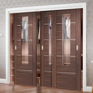 Image: Bespoke Thruslide Portici Walnut Glazed 3 Door Wardrobe and Frame Kit - Aluminium Inlay - Prefinished