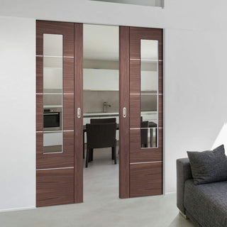 Image: Bespoke Portici Walnut Glazed Double Frameless Pocket Door - Aluminium Inlay - Prefinished