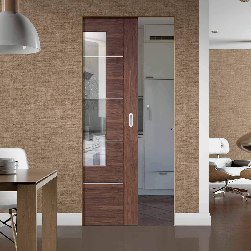 Bespoke Portici Walnut Glazed Single Frameless Pocket Door - Aluminium Inlay - Prefinished