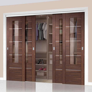 Image: Bespoke Thruslide Portici Walnut Glazed 4 Door Wardrobe and Frame Kit - Aluminium Inlay - Prefinished