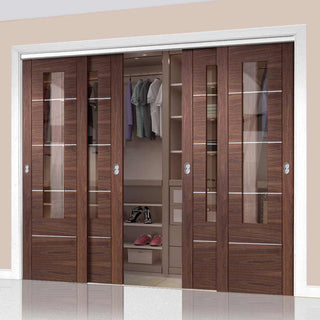 Image: Bespoke Thruslide Portici Walnut Glazed 4 Door Wardrobe and Frame Kit - Aluminium Inlay - Prefinished