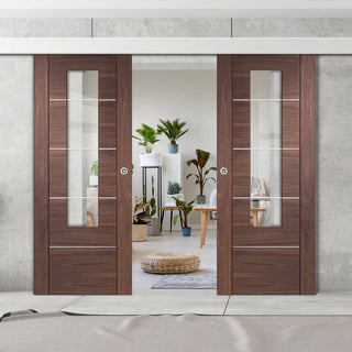 Image: Double Sliding Door & Wall Track - Portici Walnut Flush Door - Aluminium Inlay - Clear Glass - Prefinished