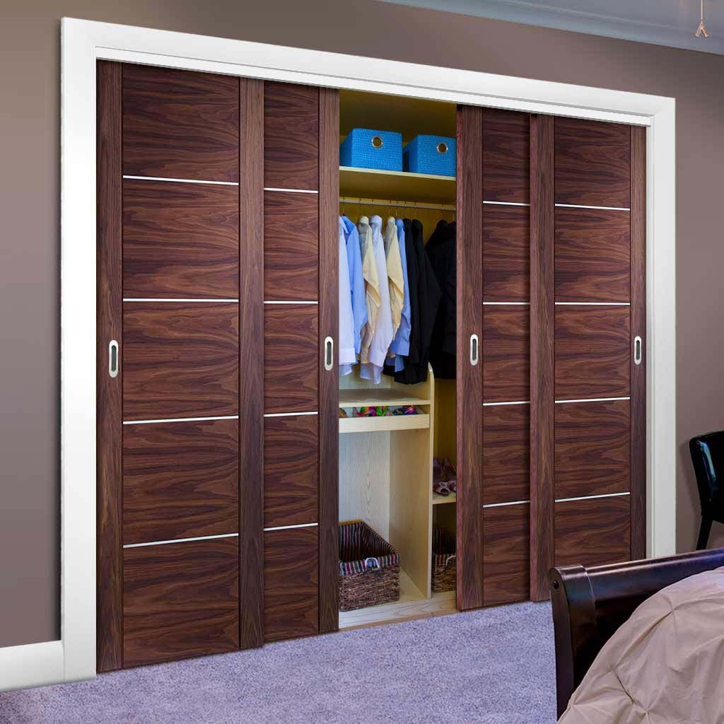 Bespoke Thruslide Portici Walnut Flush 4 Door Wardrobe and Frame Kit - Aluminium Inlay - Prefinished